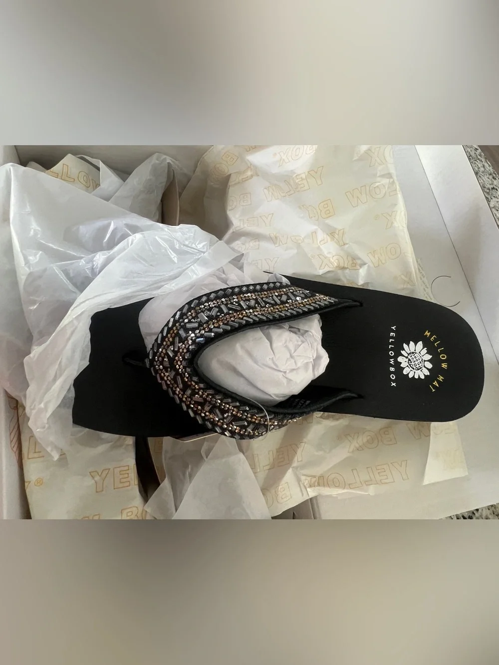 Yellow Box Leather Upper Beaded & Rhinestone Flip Flops with Multicolor Accents - Picture 4 of 5
